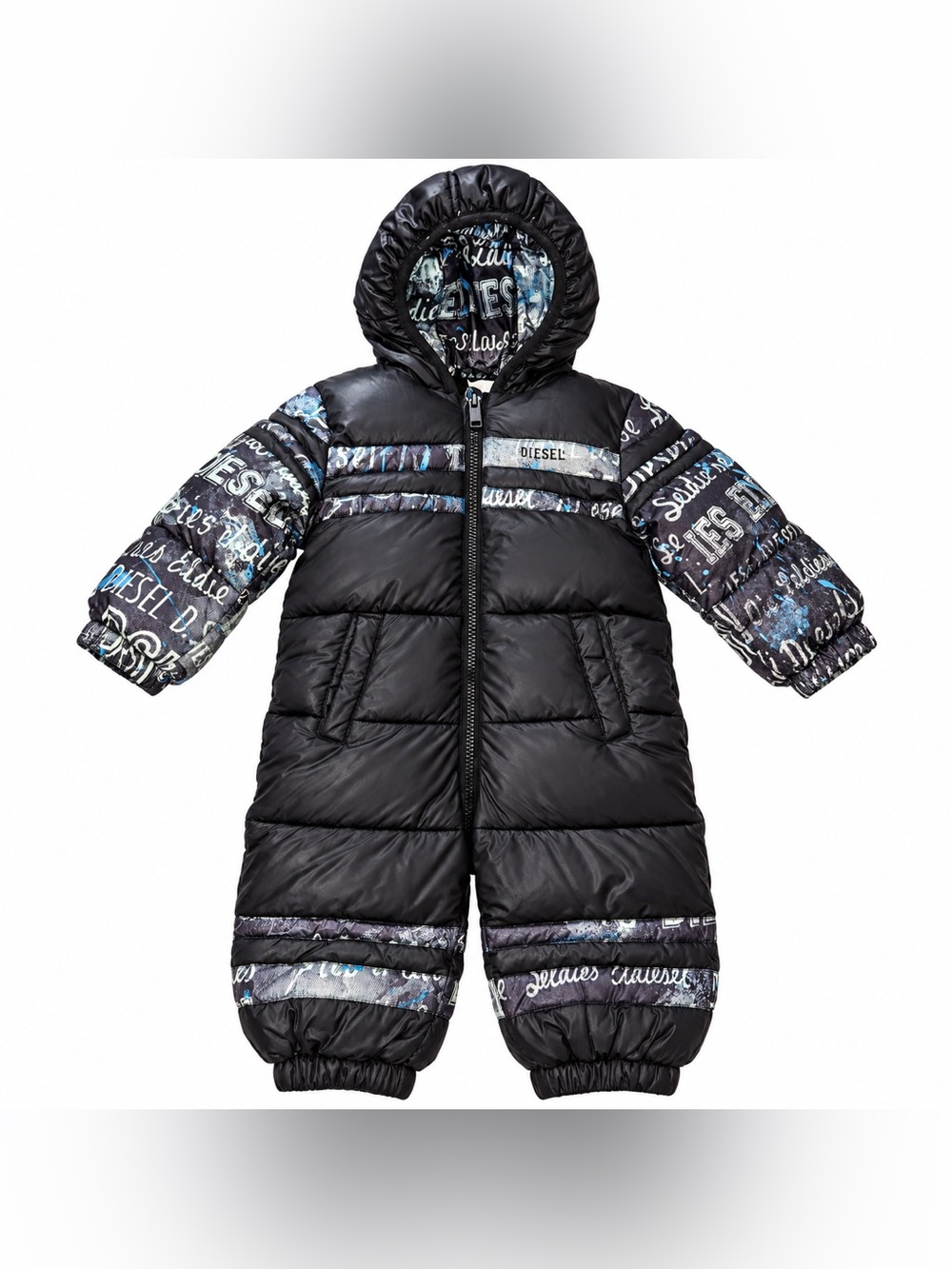 Diesel Black Puffer One-Piece Snowsuit with Blue Graphic Sleeves